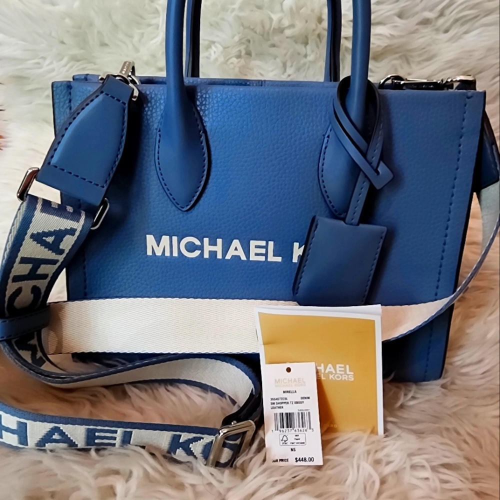 NWT. Michael Kors Mirella Small Shopper Top Zip Crossbody Tote Bag Denim Leather